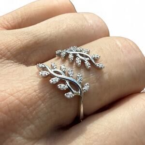 Natural Diamond Leaf Ring 925 Sterling Silver Adjustable US Size 6 7 8 9